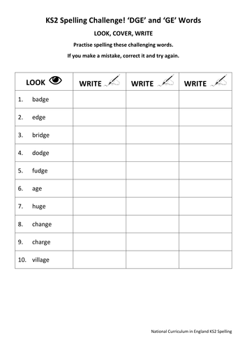 KS2 National Spelling - DGE and GE Words - 3 Worksheets