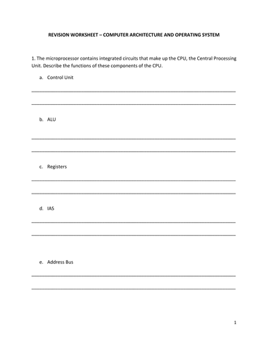 COMPUTER ARCHITECTURE AND OPERATING SYSTEM WORKSHEET | Teaching Resources
