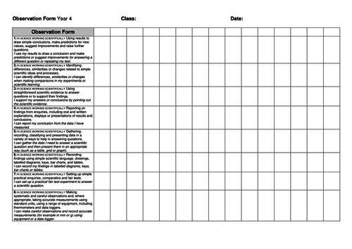 Year 4 2014 National Curriculum Science Assessment recording grid ...