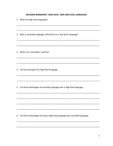 REVISION WORKSHEET-HIGH LEVEL  AND LOW LEVEL LANGUAGES