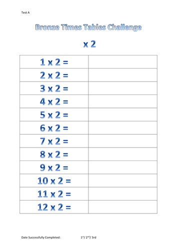 Times Tables Worksheets 2 to 12 18 One Page Worksheets Maths Test A