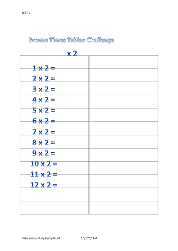 Times Tables Worksheets 2 to 12 18 Worksheets Mathematics Revision Test C