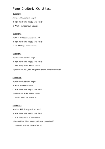 Cast a spell on exams: AQA GCSE Paper1: criteria mat/poster with