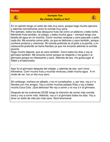Spanish Controlled Assessment Preparation on Lifestyle to grade B