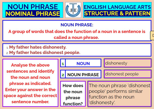 NOUN PHRASE OR NOMINAL PHRASE LESSON PLAN Teaching Resources