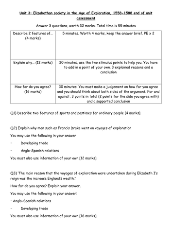 GCSE Elizabeth end of unit assessments