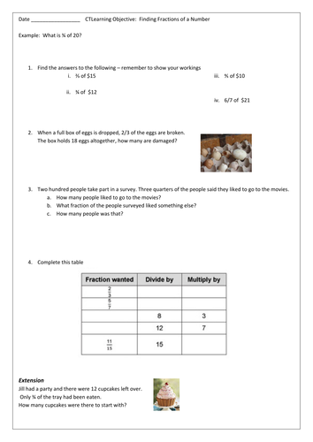 Finding Fractions of a Number worksheet
