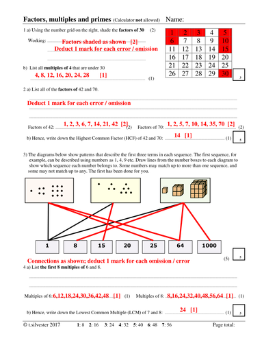 Factors, Multiples and Primes homework or revision resource