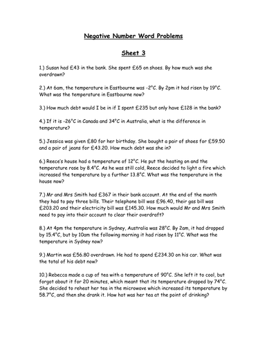 Negative Numbers Word Problems Worksheet Pdf