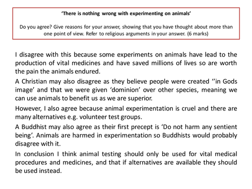 GCSE Religious Studies B OLD SPEC Unit 2 Animal rights revision. Exam question assess and reflection