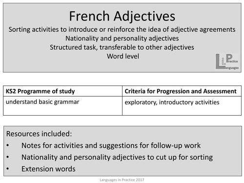 KS2 French Adjective agreement sorting activities - nationality and personality adjectives