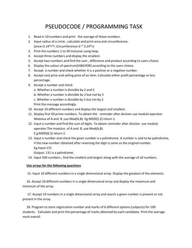 PSEUDOCODE / PROGRAMMING TASKS