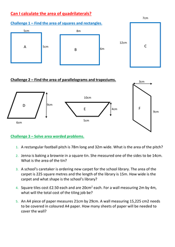 calculate the area of quadrilaterals including answers worksheet and