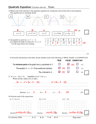 Quadratics homework or revision resource