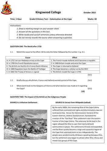 Test on Colonisation at the Cape