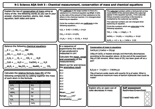 AQA Chemistry GCSE - Revision Mats/Grids for Unit 3 Quantitative, Mass, Moles, Concentration,  PPTX