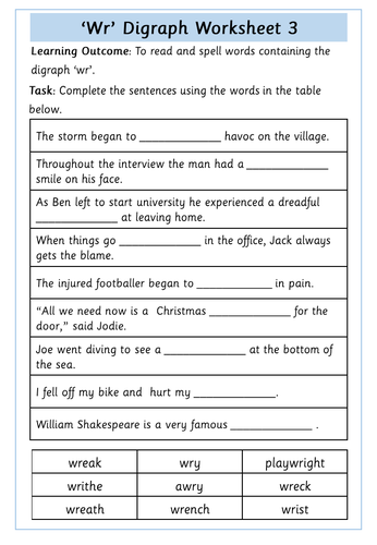 'wr' Digraph Worksheets | Teaching Resources