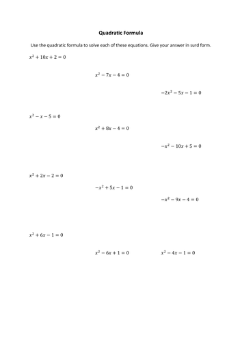 Quadratic Formula - Surd and Decimal | Teaching Resources