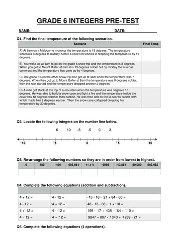 Integers pre test, answers and progression sheet