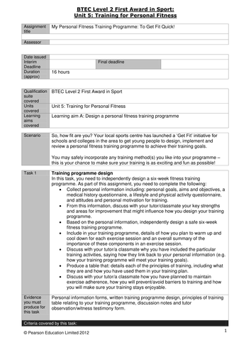 BTEC Level 2: Unit 5 Training for Personal Fitness Coursework Booklet ...
