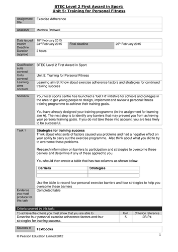 BTEC Level 2: Unit 5 Training for Personal Fitness Coursework Booklet ...