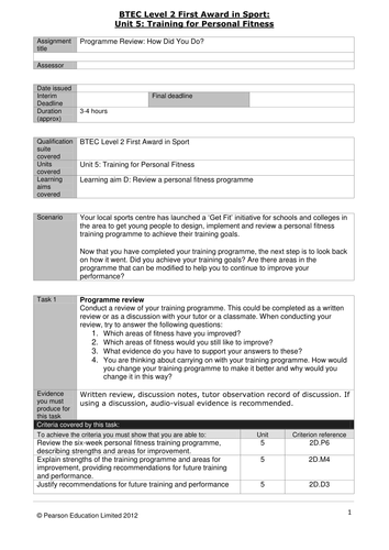 BTEC Level 2: Unit 5 Training for Personal Fitness Coursework Booklet ...