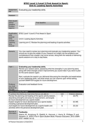 BTEC Level 2: Unit 6 Leading Sports Activities Coursework Booklet ...