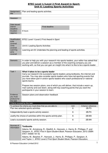 BTEC Level 2: Unit 6 Leading Sports Activities Coursework Booklet ...