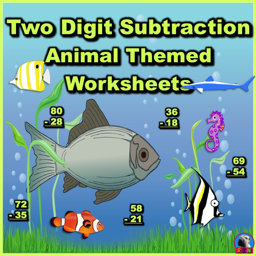 Two Digit Subtraction Worksheets - Animal Themed - Vertical