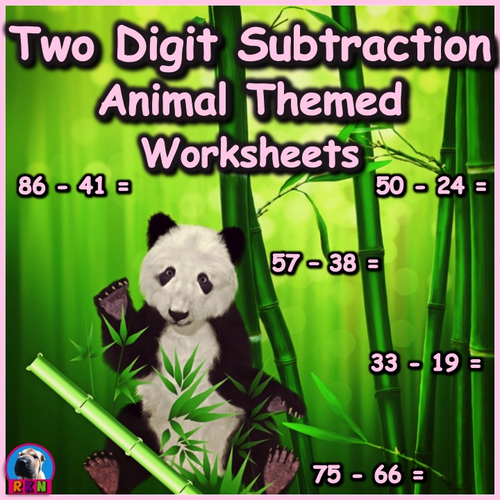 Two Digit Subtraction Worksheets - Animal Themed - Horizontal