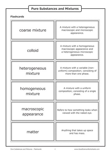 Pure Substances and Mixtures [Flashcards] | Teaching Resources