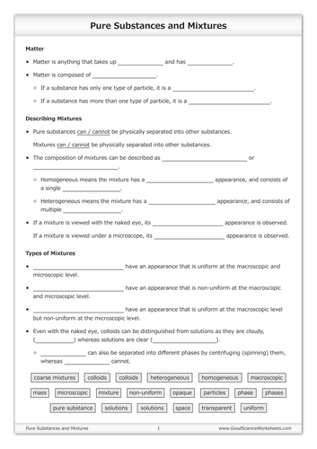 Pure Substances and Mixtures [Worksheet and Flashcards] | Teaching