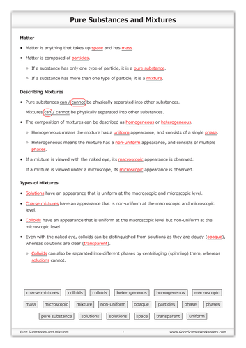 Pure Substances and Mixtures [Worksheet and Flashcards] | Teaching