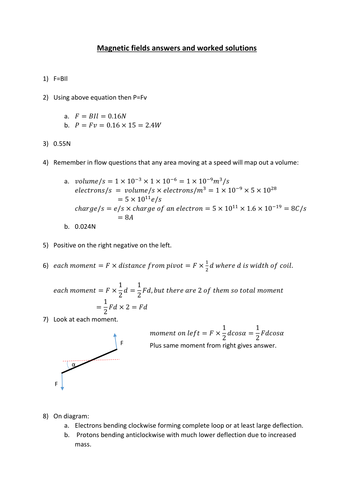 Answers and worked solutions to the A-level Magnetic Fields Booklet