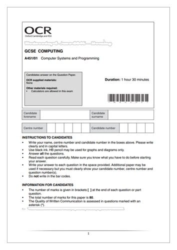 OCR Computer Science A451 Mock Exam | Teaching Resources