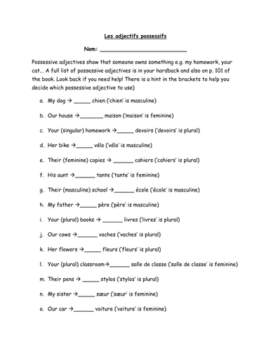 Possessive Adjectives/Les Adjectifs Possessifs  Teaching Resources