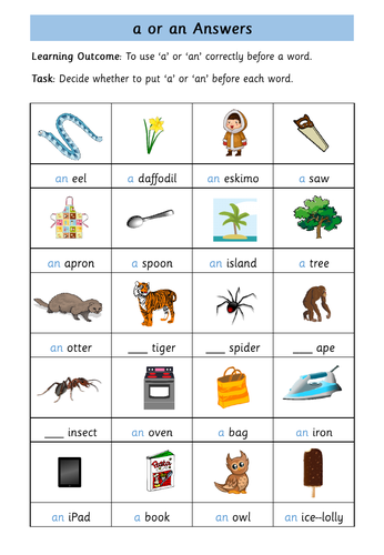 The Indefinite Articles - 'a' and 'an' Worksheets | Teaching Resources