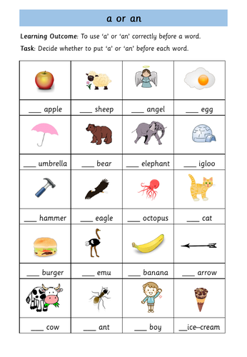 The Indefinite Articles - 'a' and 'an' Worksheets | Teaching Resources