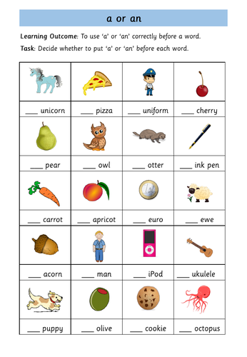 The Indefinite Articles - 'a' and 'an' Worksheets | Teaching Resources