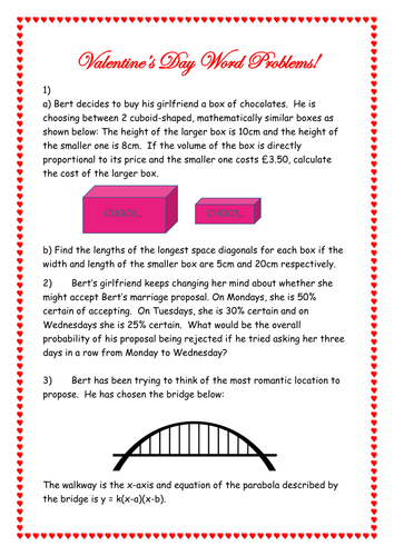 Valentine's Day themed National 5 / GCSE Maths Word Problems
