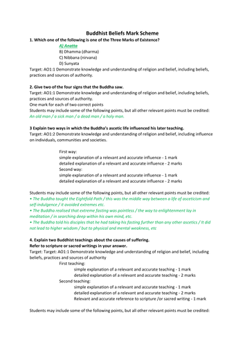 AQA RS A New Spec - Buddhist Beliefs - Mark Scheme