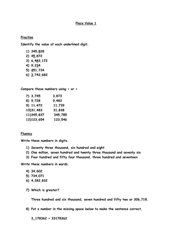 Place Value Worksheet (Year 6)