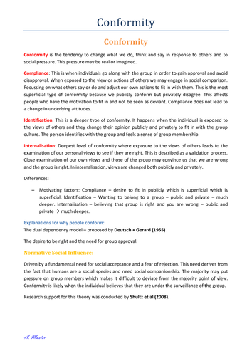 Psychology - Social Influence - Conformity Notes