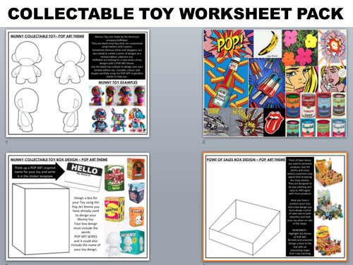 GRAPHIC DESIGN WORKSHEET PACK - COLLECTABLE TOY DESIGN - Set of 3 worksheets + inspiration sheet
