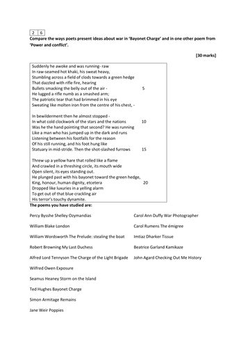 AQA power and conflict 9-1 Sample assessment 1 new spec specimen exam question Bayonet Charge