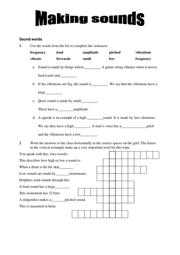 KS3 Physics Sound and Hearing: Worksheets Test Questions Crossword