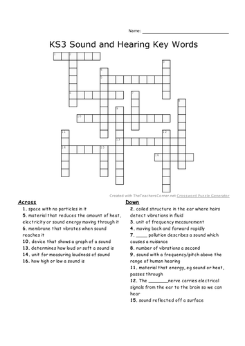 KS3 Sound and Hearing Worksheets Crossword Homework Quiz Mind Map