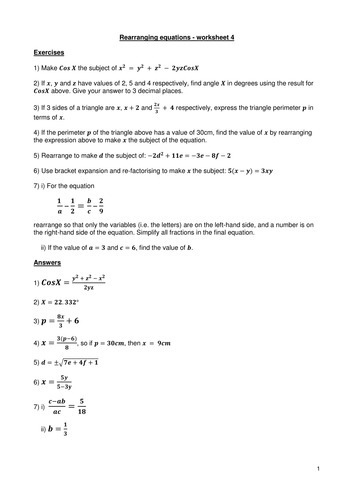 Rearranging equations worksheet 4 - with answers | Teaching Resources