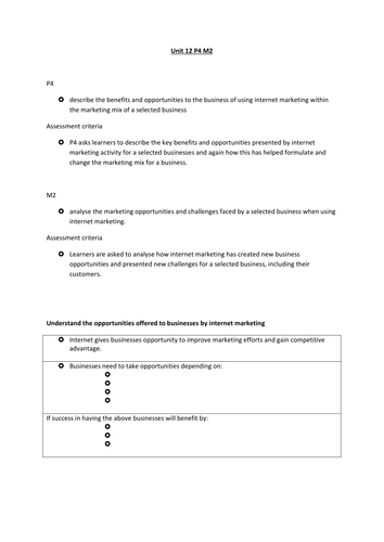 BTEC Business Studies Unit 12 Internet Marketing P4 and M2