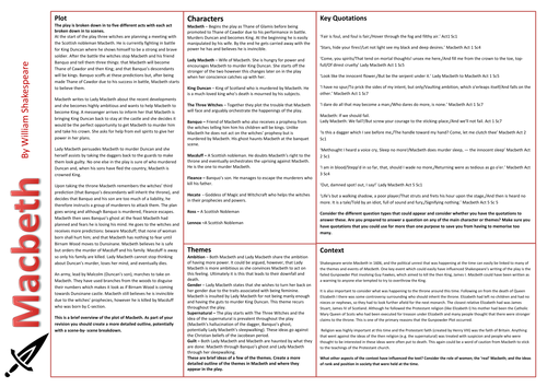 Macbeth Knowledge Organiser/Revision Mat